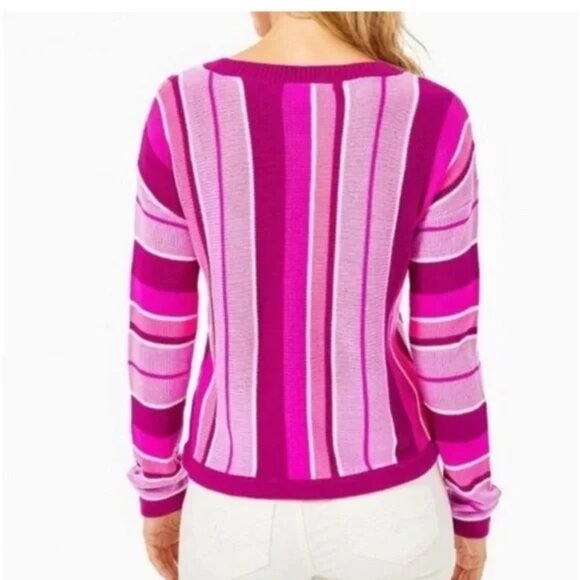Lilly Pulitzer Island Stripe Daryl Crewneck Sweater Size Large Pink Purple - Picture 2 of 6